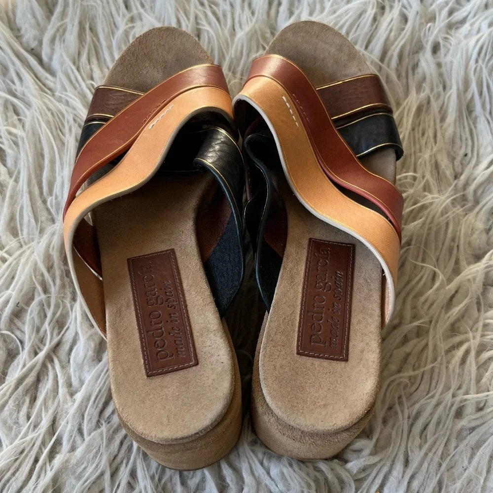 Pedro Garcia Nirou Platform Brown Color Block Wedge Leather Sandal EUC Size 36